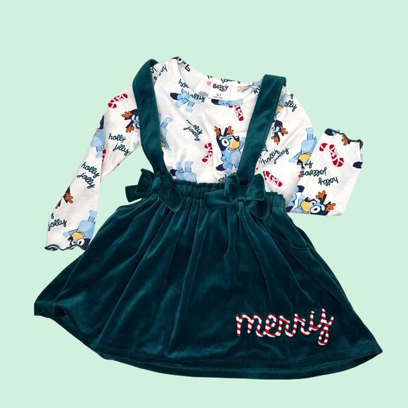 4 PC LOT OF KIDS CHRISTMAS OUTFITS GARANIMALS BLUEY SWEATER TOP & PINAFORE SKIRT - Picture 4 of 8